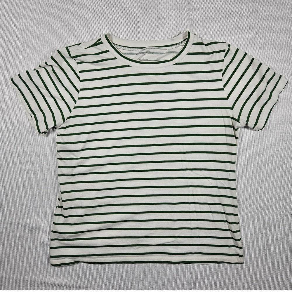 Ann Taylor Factory White and Green Striped Short Sleeve Tee